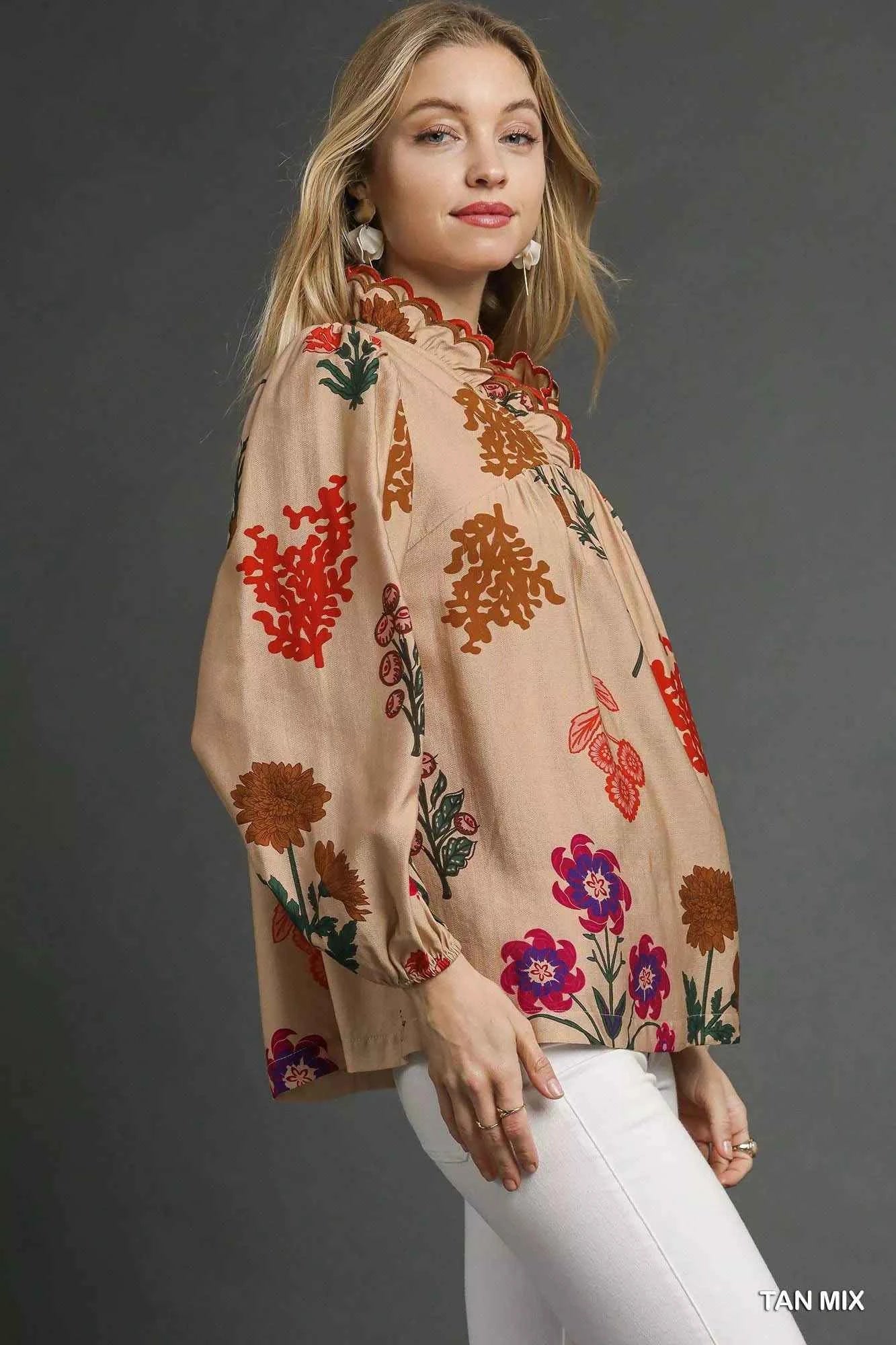 Umgee Flower Print Blouse with Scalloped Neckline