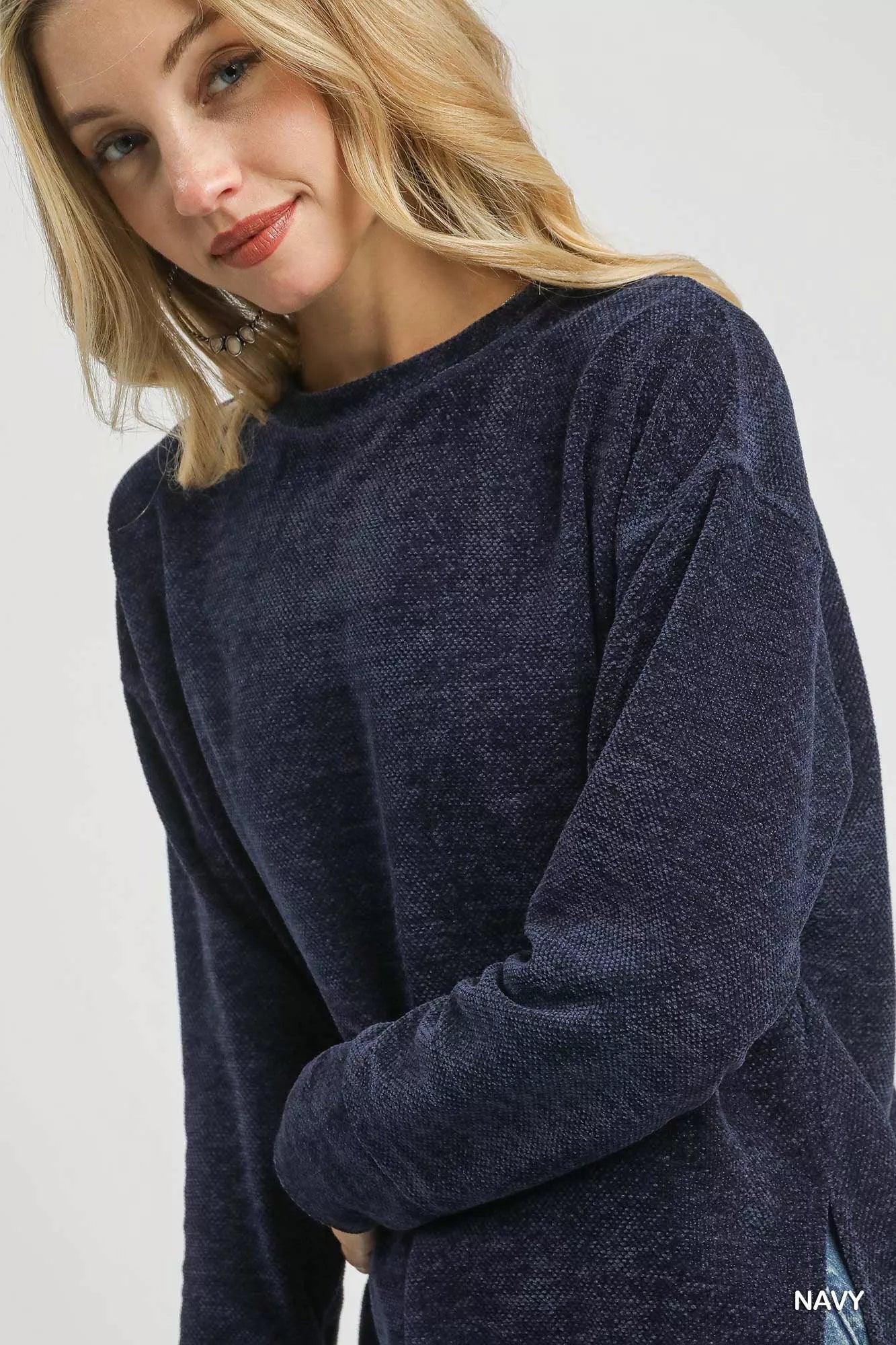 Umgee Round Neck Long Sleeve Side Slit Top f392a5cb-d5eb-4ce6-a1b8-f1f20e0a6559-Max-Origin