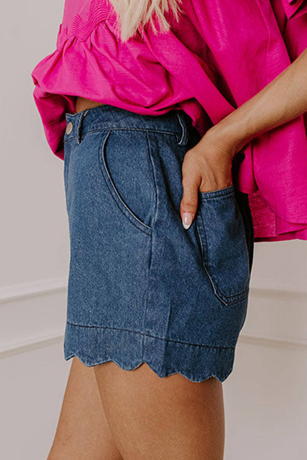 White Scalloped Hemline Light Wash Denim Shorts f397b47342ac5e0a