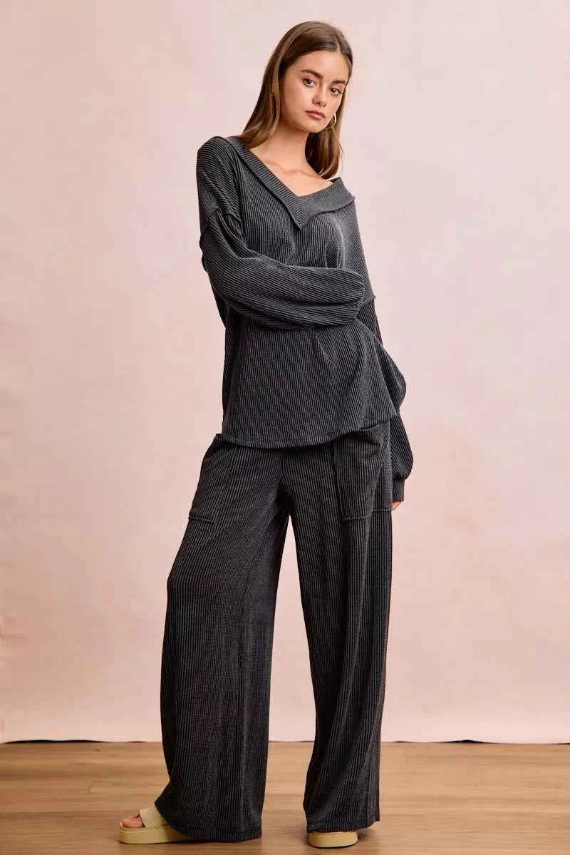 BiBi Two Tone Cord Rib Contrast Stitching V-Neck Top and Pants Set f399d36dd5ce4d51baee35065e876e79-Max-Origin