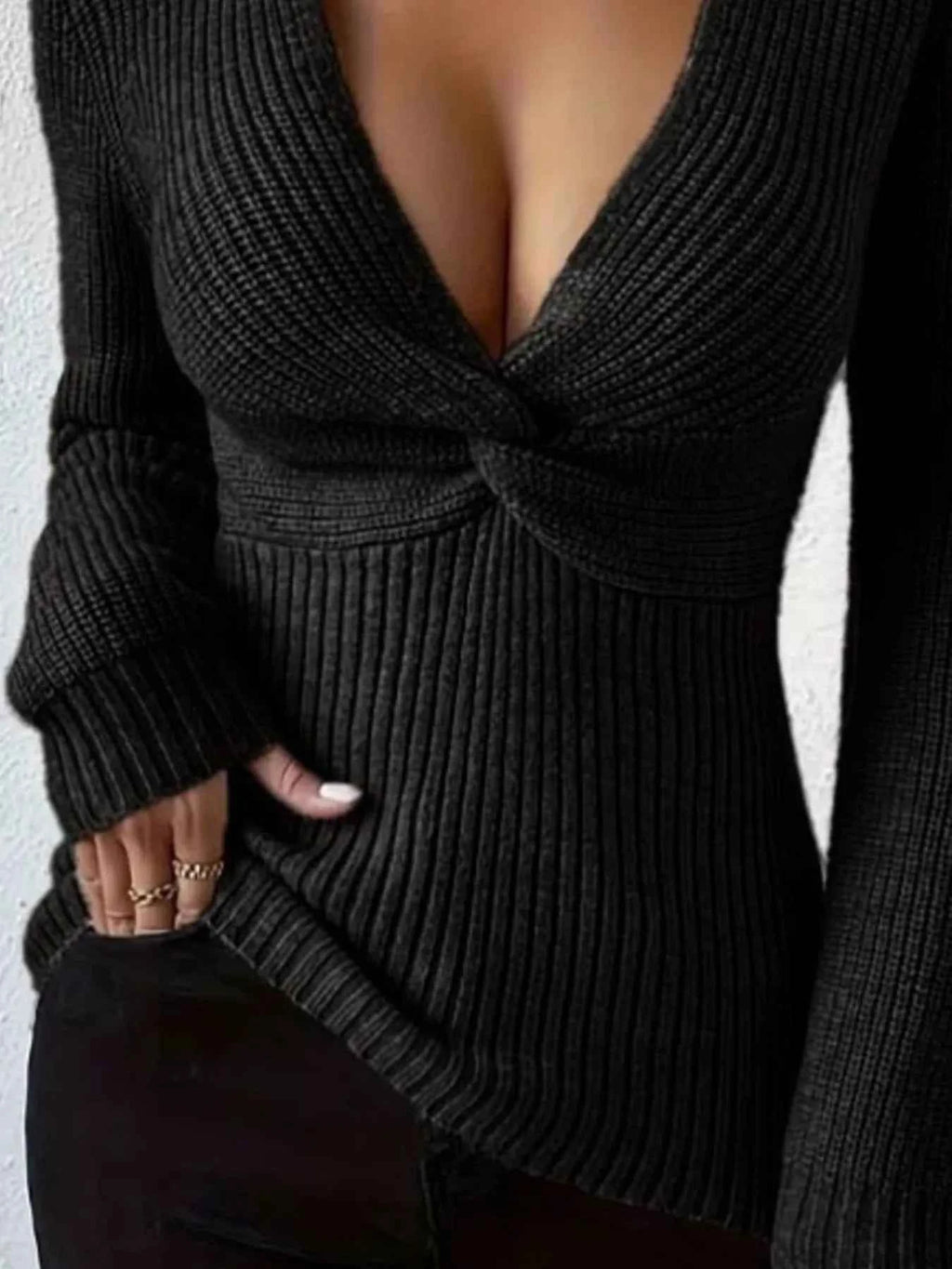 Ribbed V-Neck Knit Top with Twist Front Detail f39a3c55-4611-4390-b7dd-c40aa653457d-Max-Origin