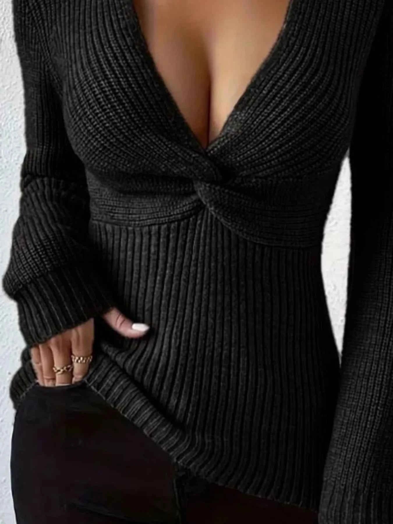 Ribbed V-Neck Knit Top with Twist Front Detail f39a3c55-4611-4390-b7dd-c40aa653457d-Max-Origin