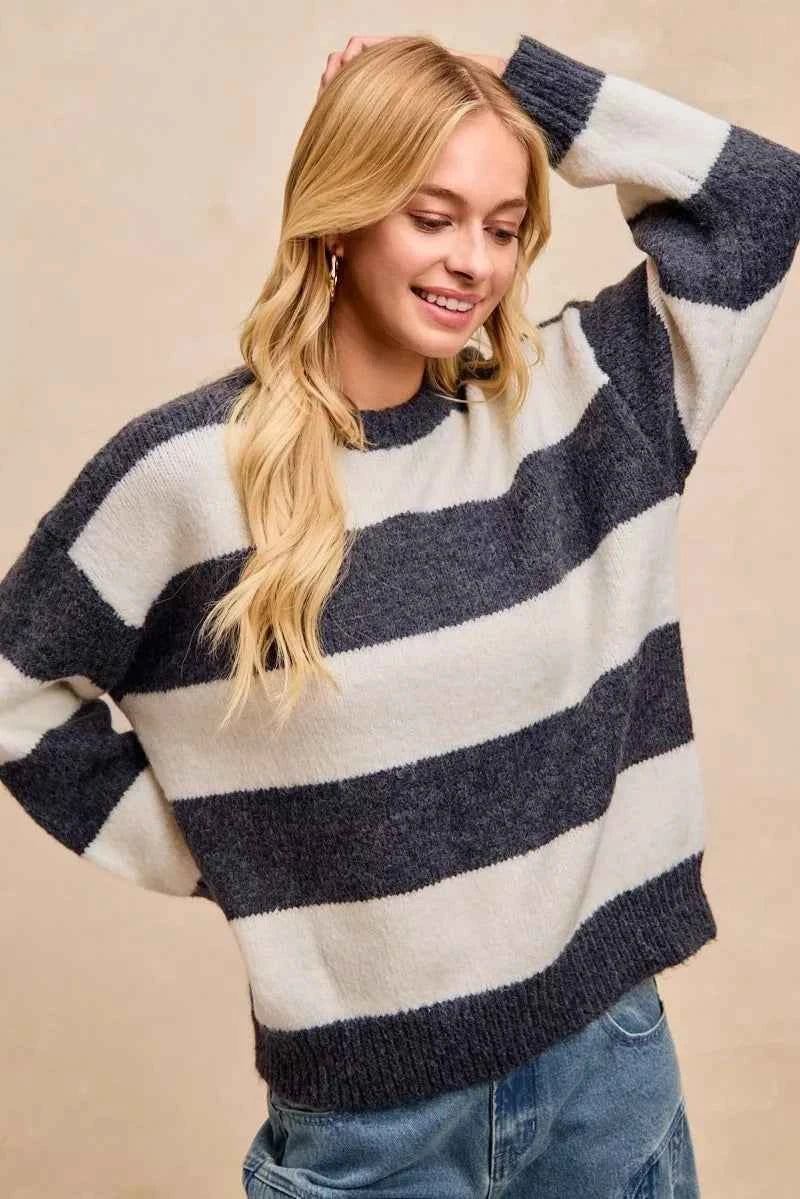BiBi Wide Stripe Fuzzy Knit Round Neck Sweater f39a7f273b6a44e9b9a9937b08fd575f-Max-Origin
