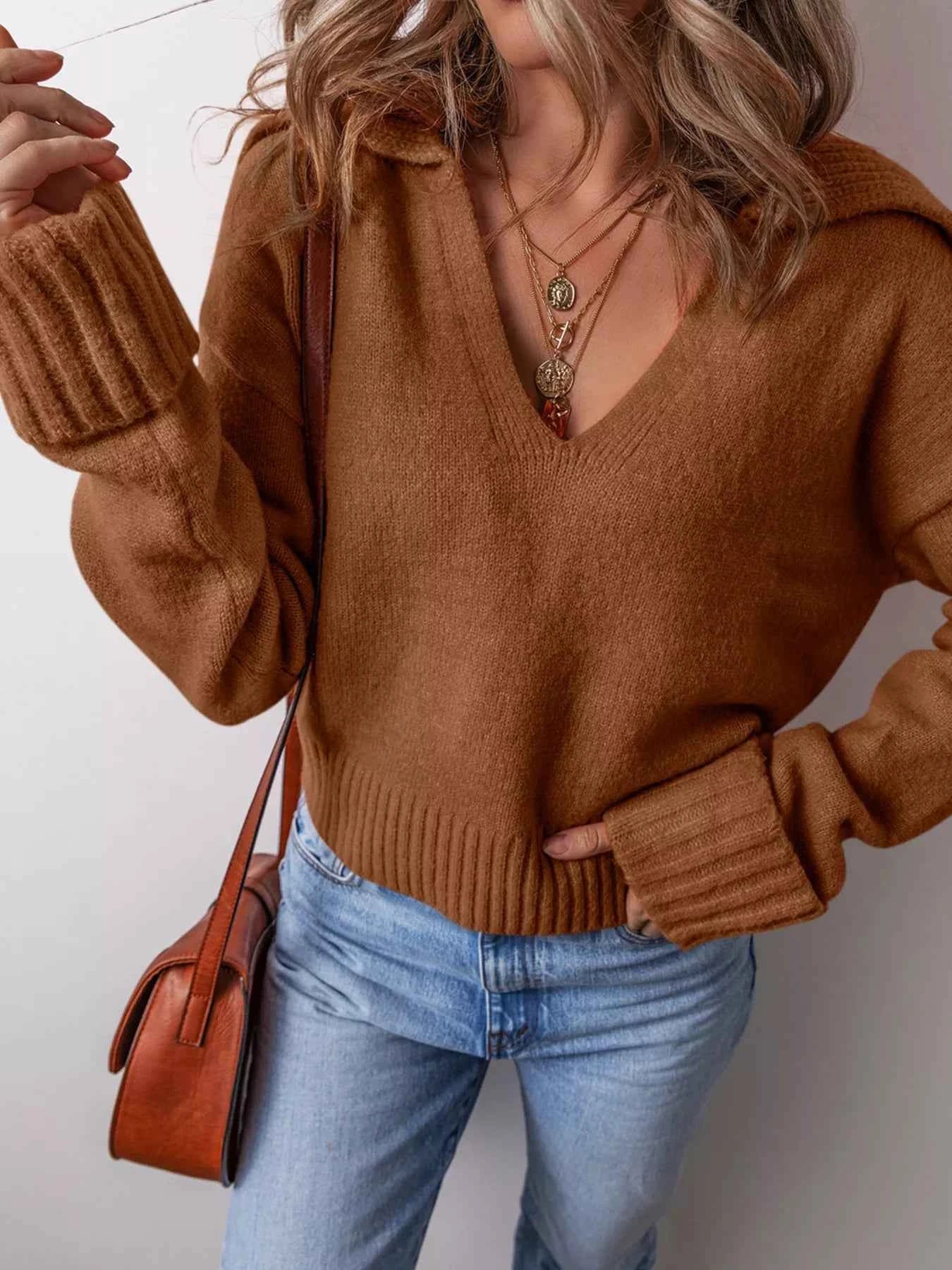 Collared V Neck Ribbed Edge Sweater f39aa200d319423699de2c281f844229-Max-Origin