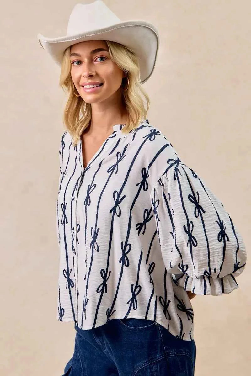 Bow Ribbon Printed Woven Bubble Sleeves Top f39c8cebca454c2cb8f19a529f855594-Max-Origin