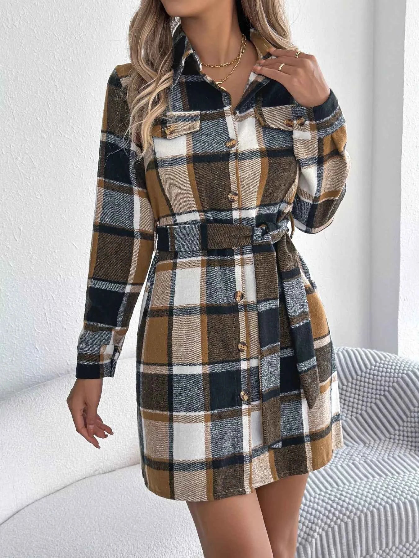 Plaid Button Front Tie Waist Shirt Dress f3a297cb7d9045e0aa4532373f324680-Max-Origin