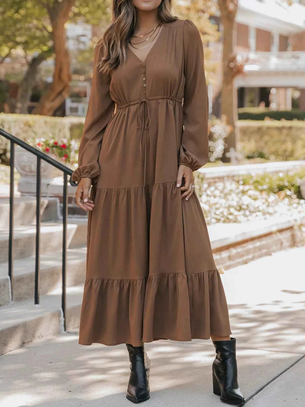 V-Neck Balloon Sleeve Tiered Dress Taupe f3a2ec8e-6fd8-499b-a923-a6e58d26e848-Max-Origin
