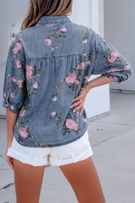 Blue Bracelet Sleeve Floral Denim Shirt f3a75eb676da140c