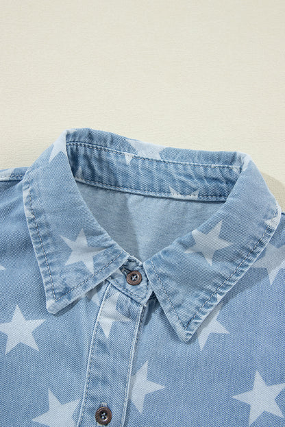 Raw Hem Star Collared Neck Denim Top