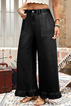 Black Plus Size Elastic Waist Ruffled Wide Leg Denim Pants f3ab27581934fde5