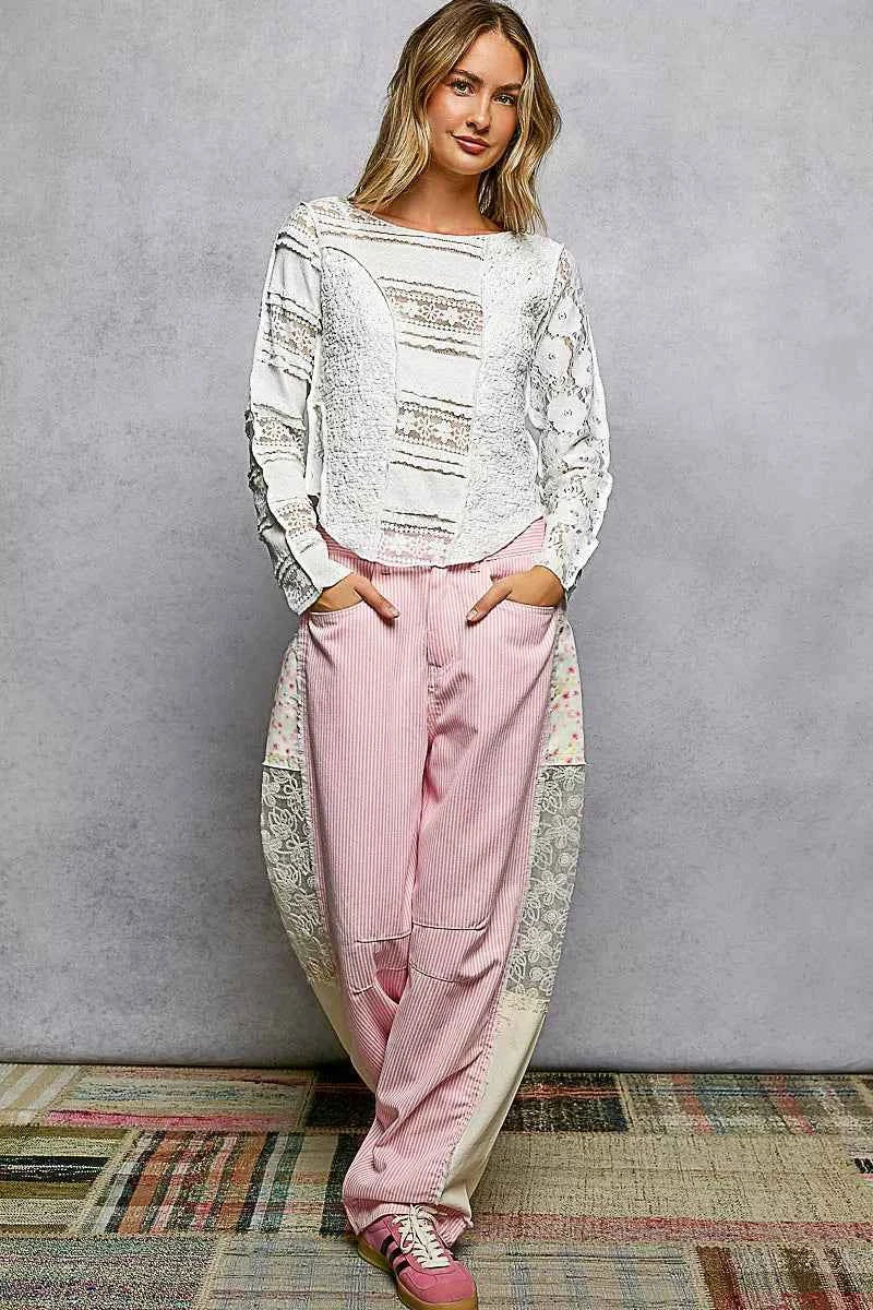 POL Round Neck Long Sleeve Exposed Seam Top with Lace Detail f3ae6325-70eb-495b-9f75-df6c7e635e29-Max-Origin