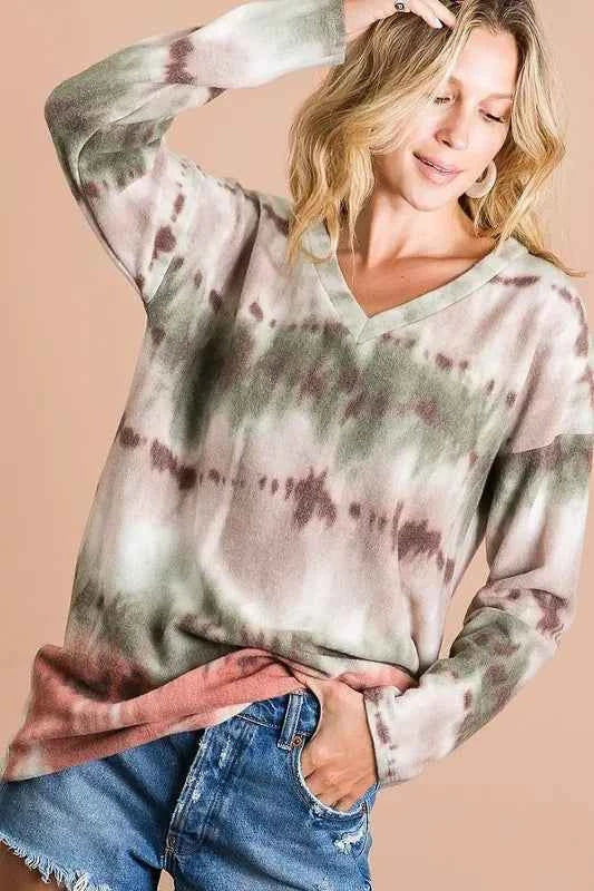 Brushed Tie Dye Looking Print V Neck Top f3af6adc1d8c41c0bbafdaba6662cd95-Max-Origin
