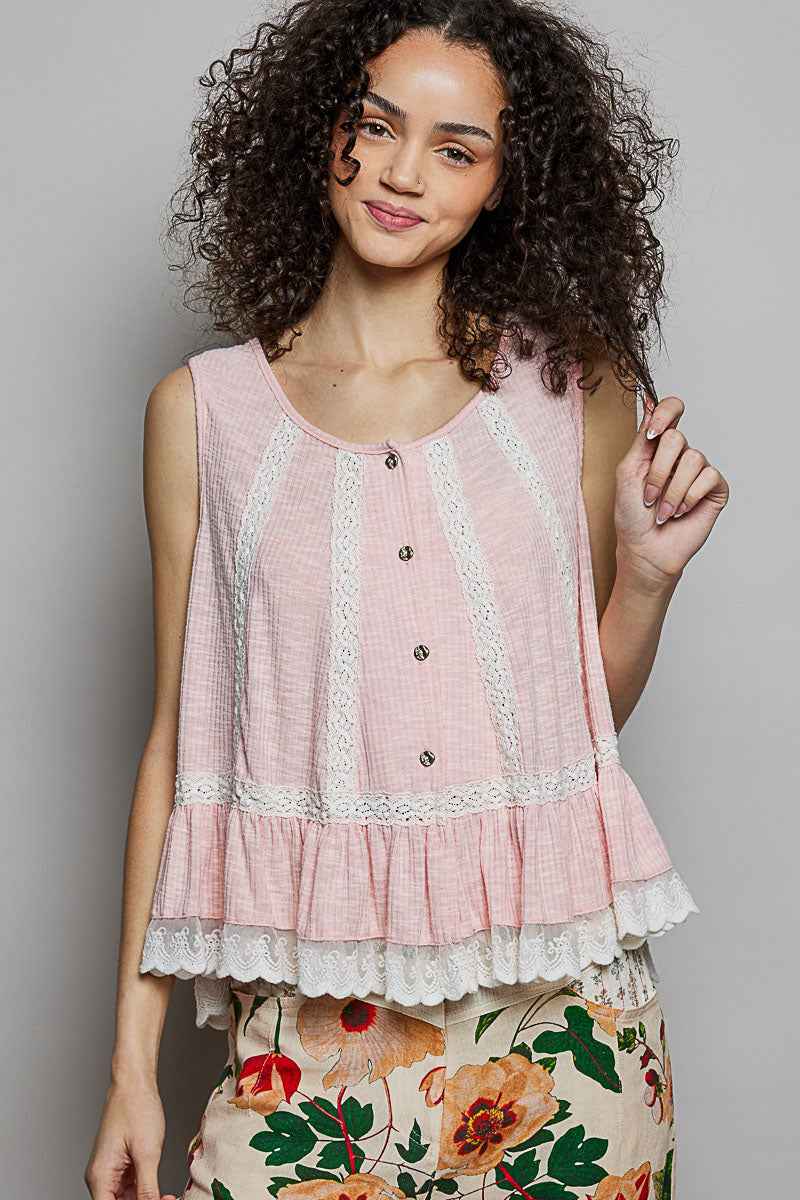 POL Lace Trim Ruffle Hem Button Detail Round Neck Sleeveless Top f3b22d6c-5281-47d9-bf2a-27d8242669cd-Max