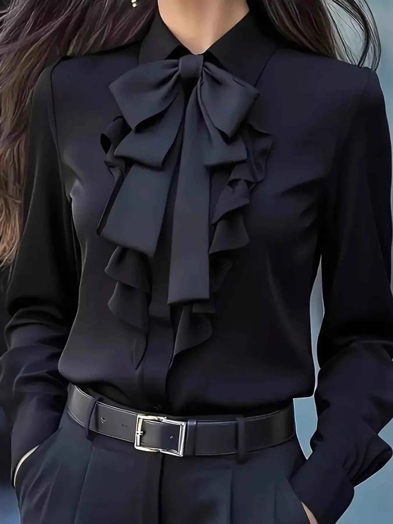 Ruffled Tie Front Long Sleeve Blouse Black f3b687057ee64551a03a5cdfa666c4ae-Max-Origin