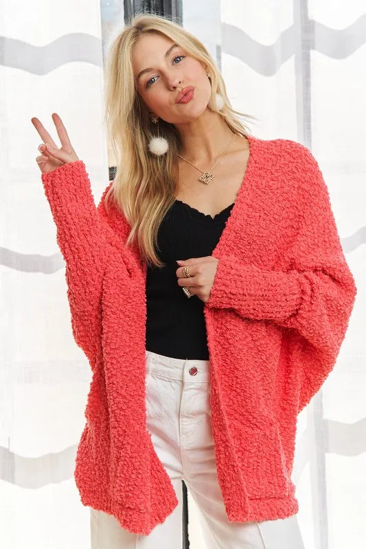 ADORA Popcorn Knit Open Front Long Sleeve Cardigan f3b6e0b7-0e21-456f-aa92-77c3c59473b8-Max