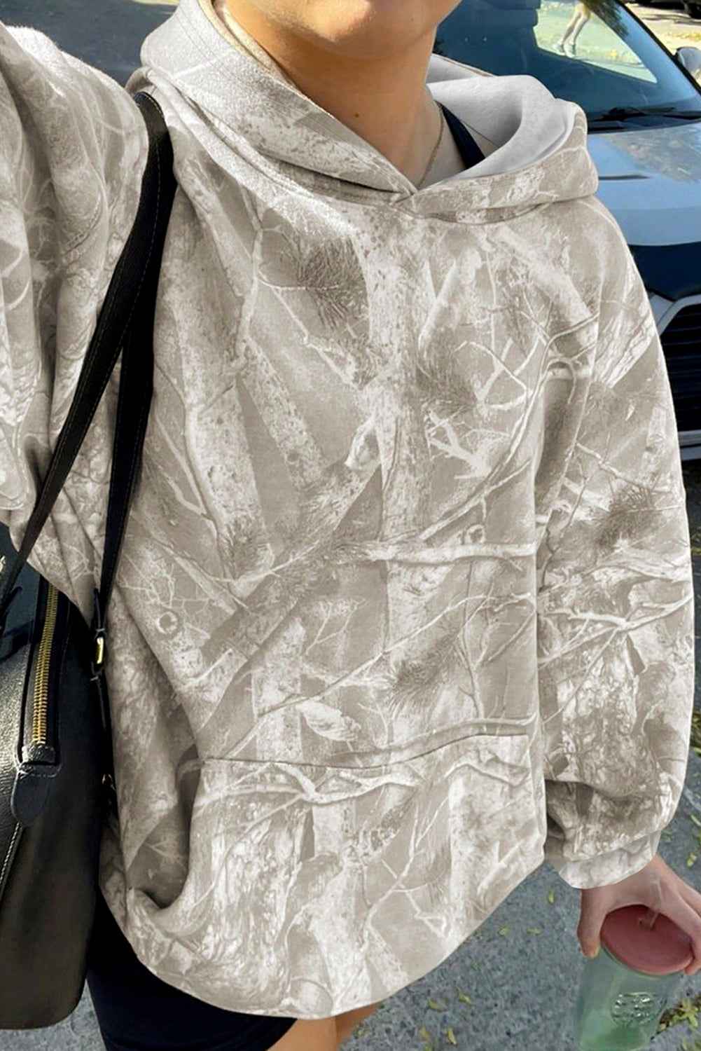 Light Pink Camouflage Plant Print Kangaroo Pocket Oversized Hoodie Beige 100%Polyester f3b9e344b6314996