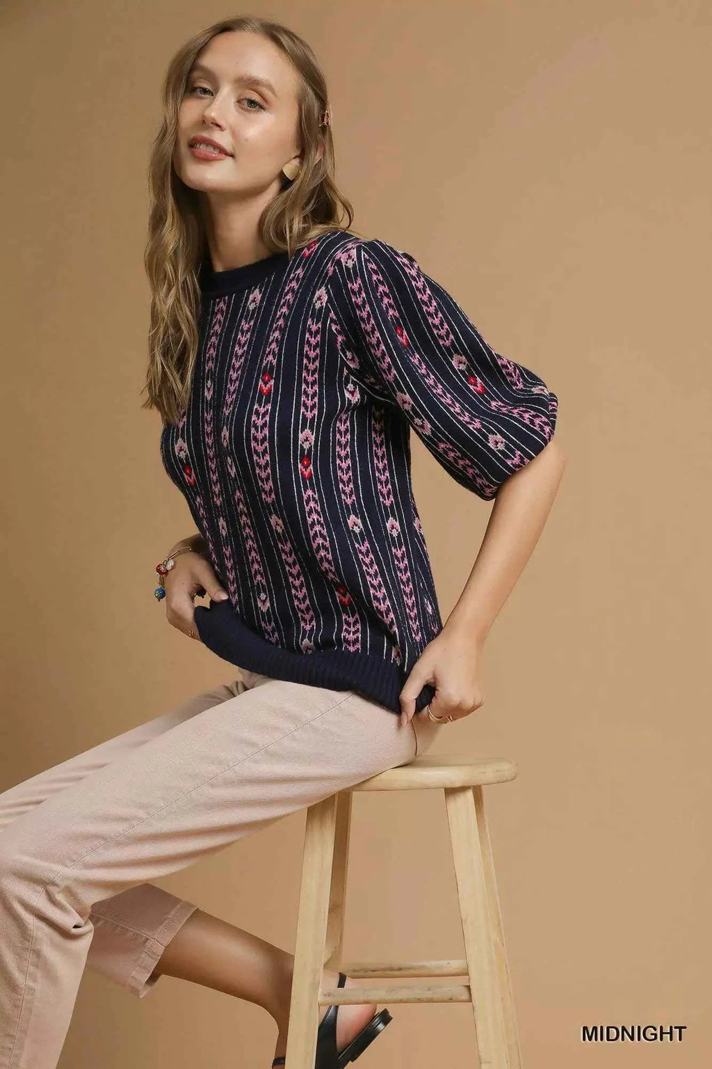 Umgee Jacquard Knit Puff Sleeve Sweater f3ba39c1-a5b8-465d-bcd5-14b40396b931-Max-Origin
