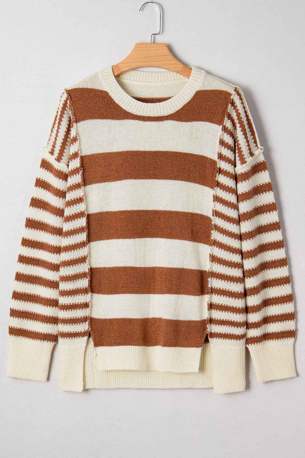 Brown Stripe Drop Shoulder Sleeve Patchwork Baggy Sweater f3bbf5b7b9f36517