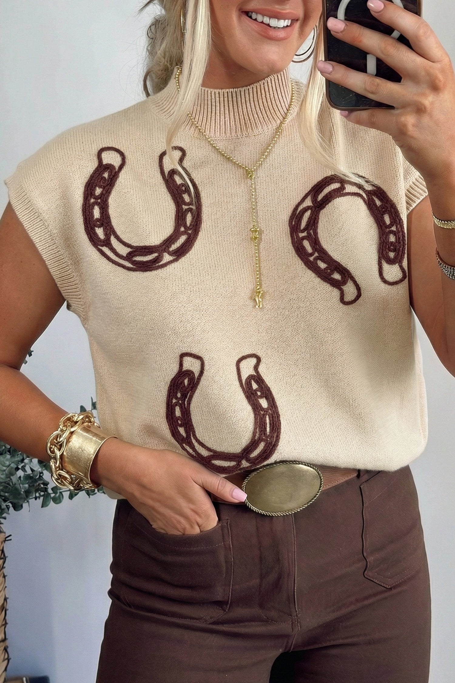 Parchment Corded Horseshoes Ribbed Trim Mock Neck Short Sleeve Sweater Parchment 52%Viscose+26%Polyester+22%Polyamide f3bdffffae71d9ef