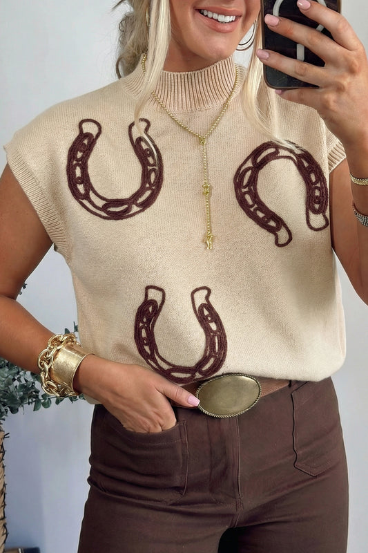 Parchment Corded Horseshoes Ribbed Trim Mock Neck Short Sleeve Sweater Parchment 52%Viscose+26%Polyester+22%Polyamide f3bdffffae71d9ef