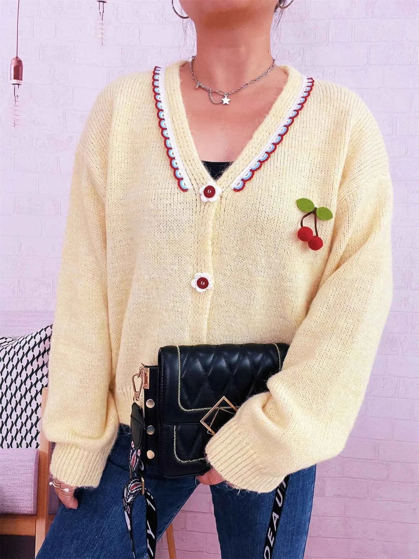Cherry Button-Front Long Sleeve Cardigan f3c0169f1f454225bf5062ccdb9440b9-Max-Origin