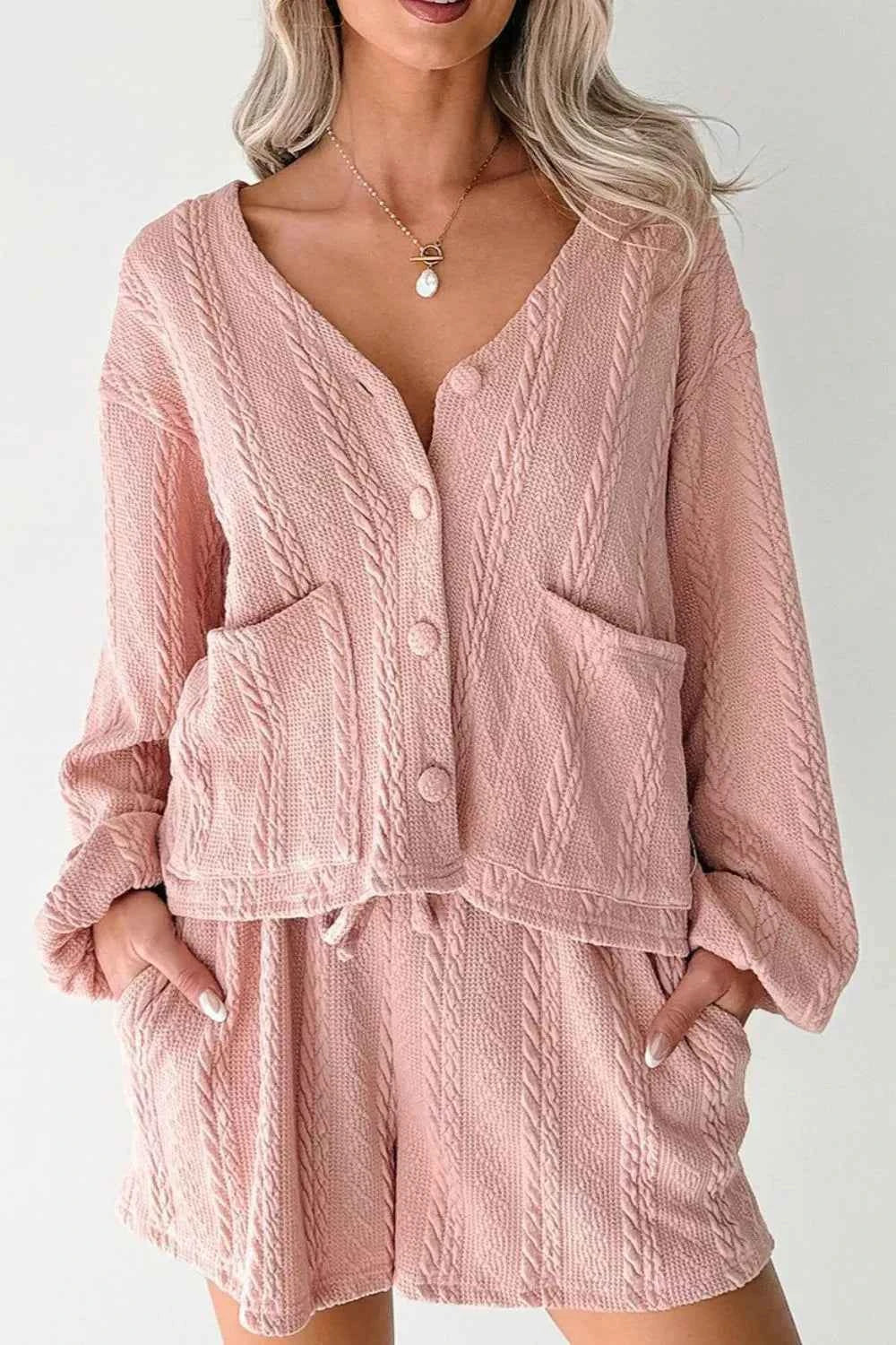 Cable Knit V Neck Cardigan and Shorts Set Pale Blush f3c0b32f-d3b6-4546-811b-de565ada2c45-Max-Origin