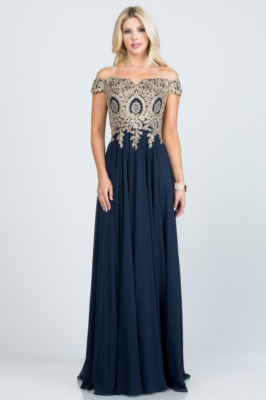 Off Shoulder Evening Gown – Gold Lace Appliqué Chiffon Dress for Women Navy f3c4af55-43d2-47ed-82b3-bb3ee97a07db