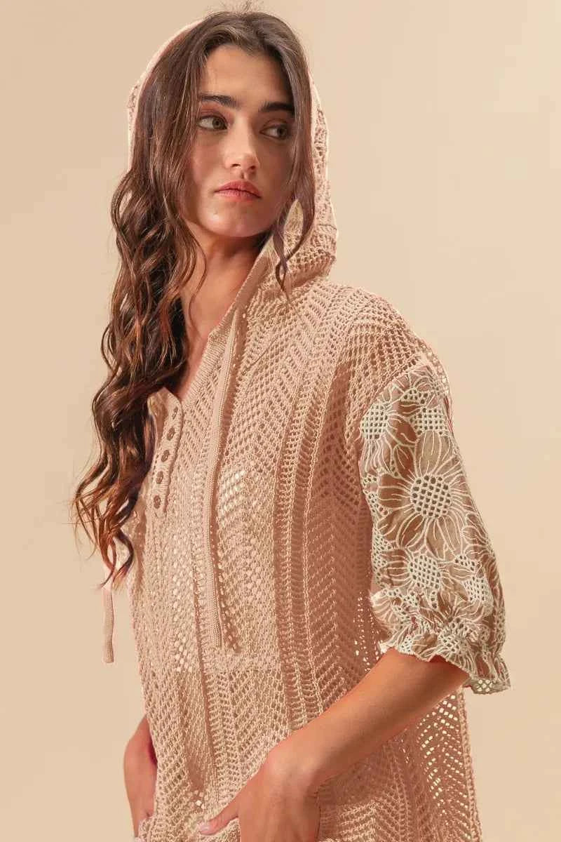 BiBi Jacquard Flower Puff Sleeve Hooded Knit Top f3c8ab461a8a46d28016f0c24849b596-Max-Origin