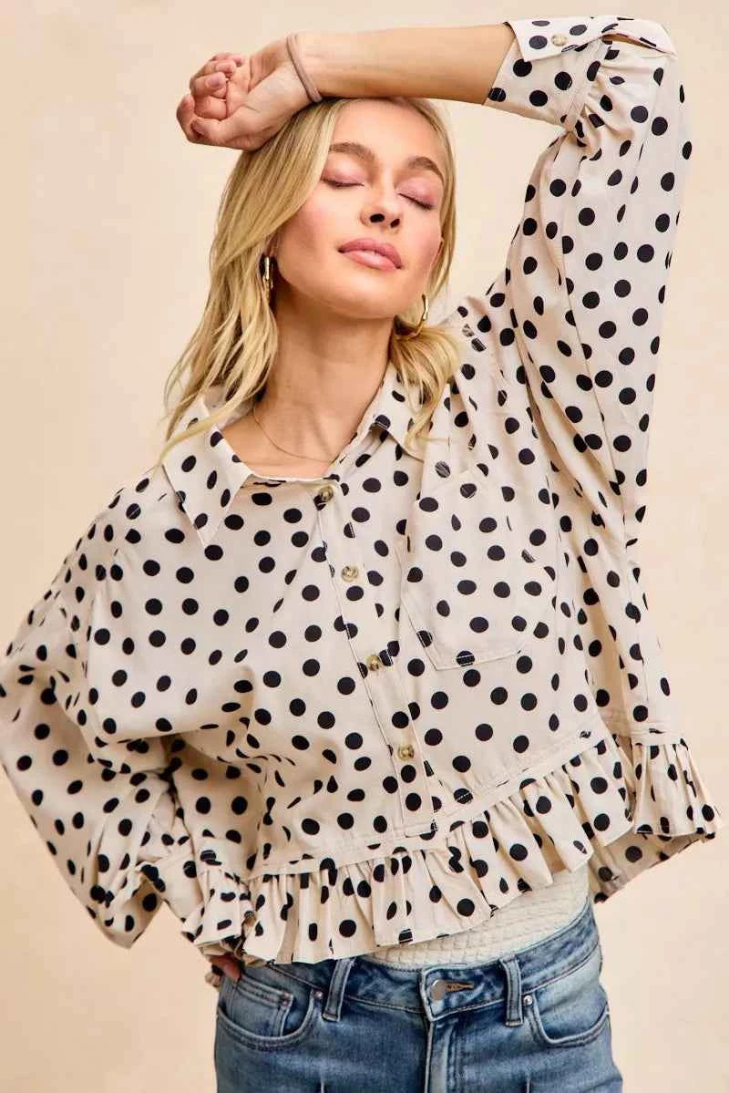 BiBi Crinkle Polka Dot Ruffled Hem Button Up Shirt Top f3c998b39f35439b8917627540972f10-Max-Origin