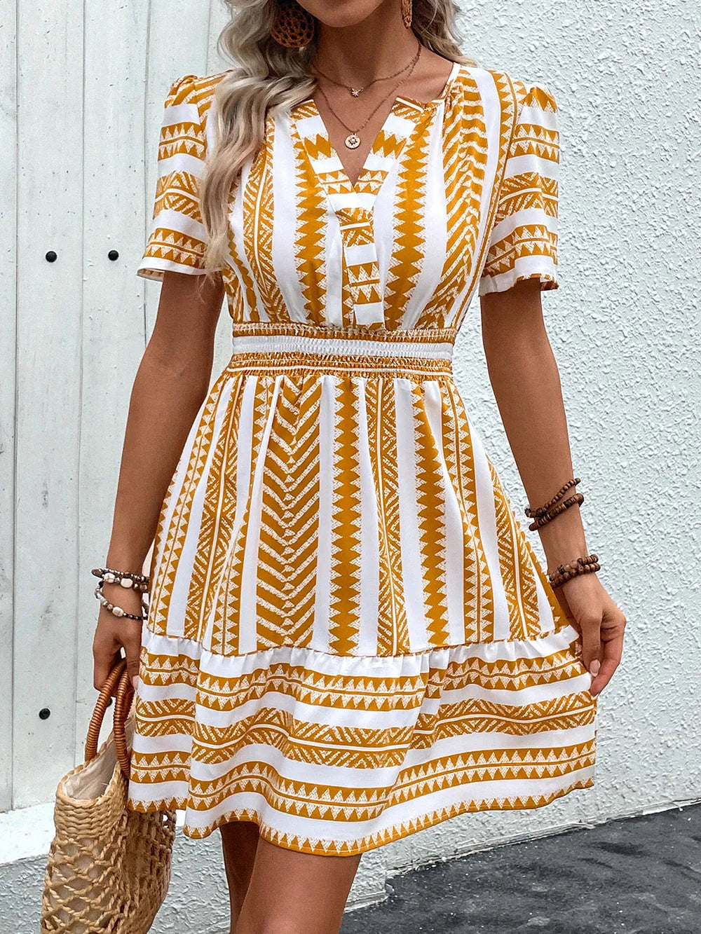 Perfee Geometric Notched Short Sleeve Mini Dress Mustard f3d5d799-3e12-46b2-bff4-bebefbb5f4fa-Max