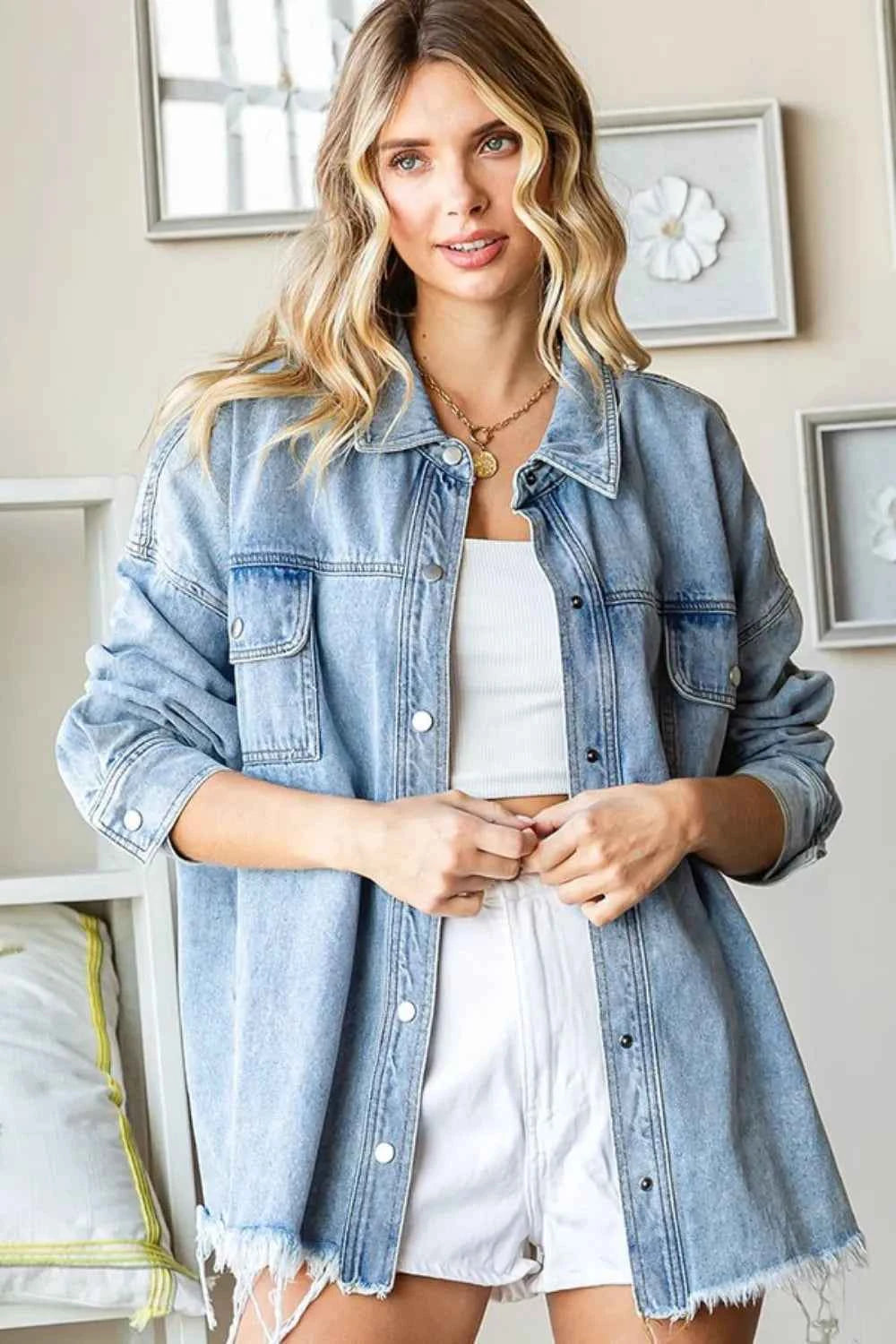 First Love Smile Face Button Down Raw Hem Denim Jacket Denim f3d7e954-adef-4180-8520-c8ab8bed8489-Max
