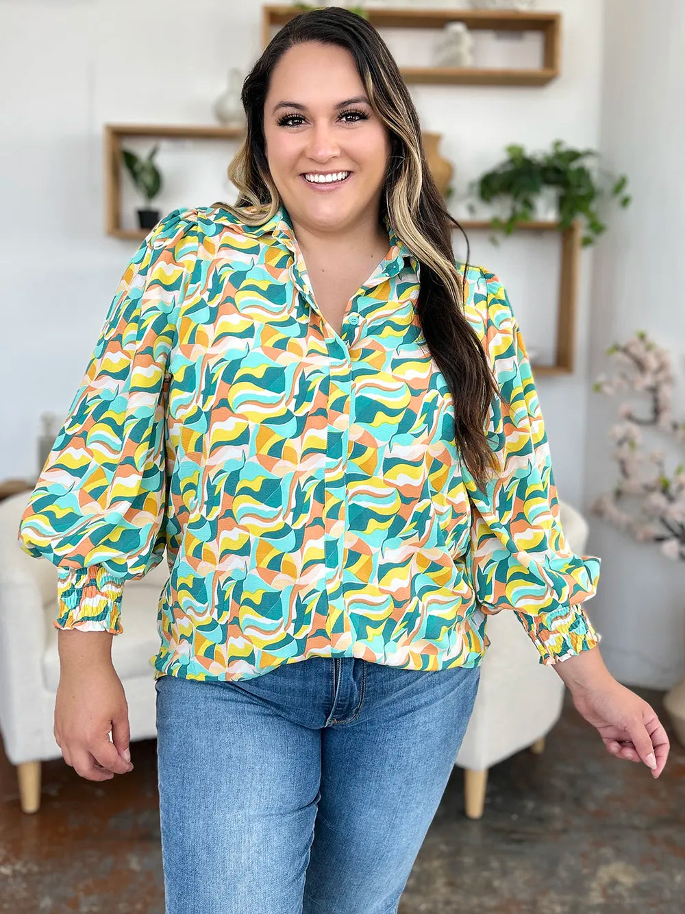 Double Take Full Size Printed Smocked Long Sleeve Blouse f3d91f99-21e7-43d3-bbfa-4ec17f8edcd5-Max