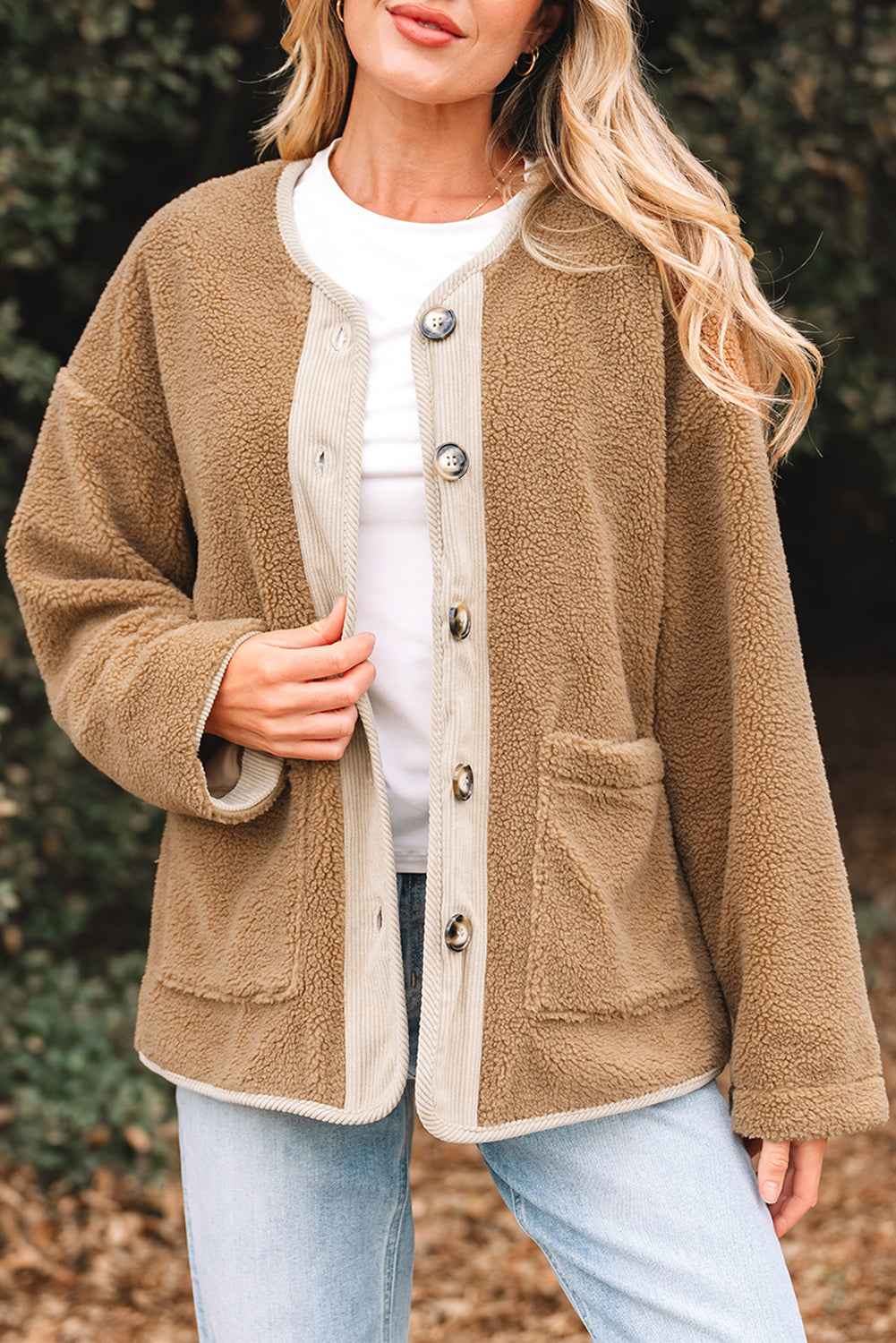 Light French Beige Puffy Plush Corduroy Edge Patchwork Jacket with Big Pockets f3de2e4c475f9bae