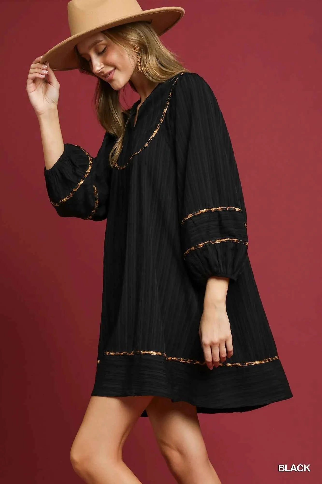 Umgee Full Size Textured Babydoll Dress with Leopard Trim Plus Size f3ea0ef4-f703-4680-b94e-9bdf9b8c25d5-Max-Origin