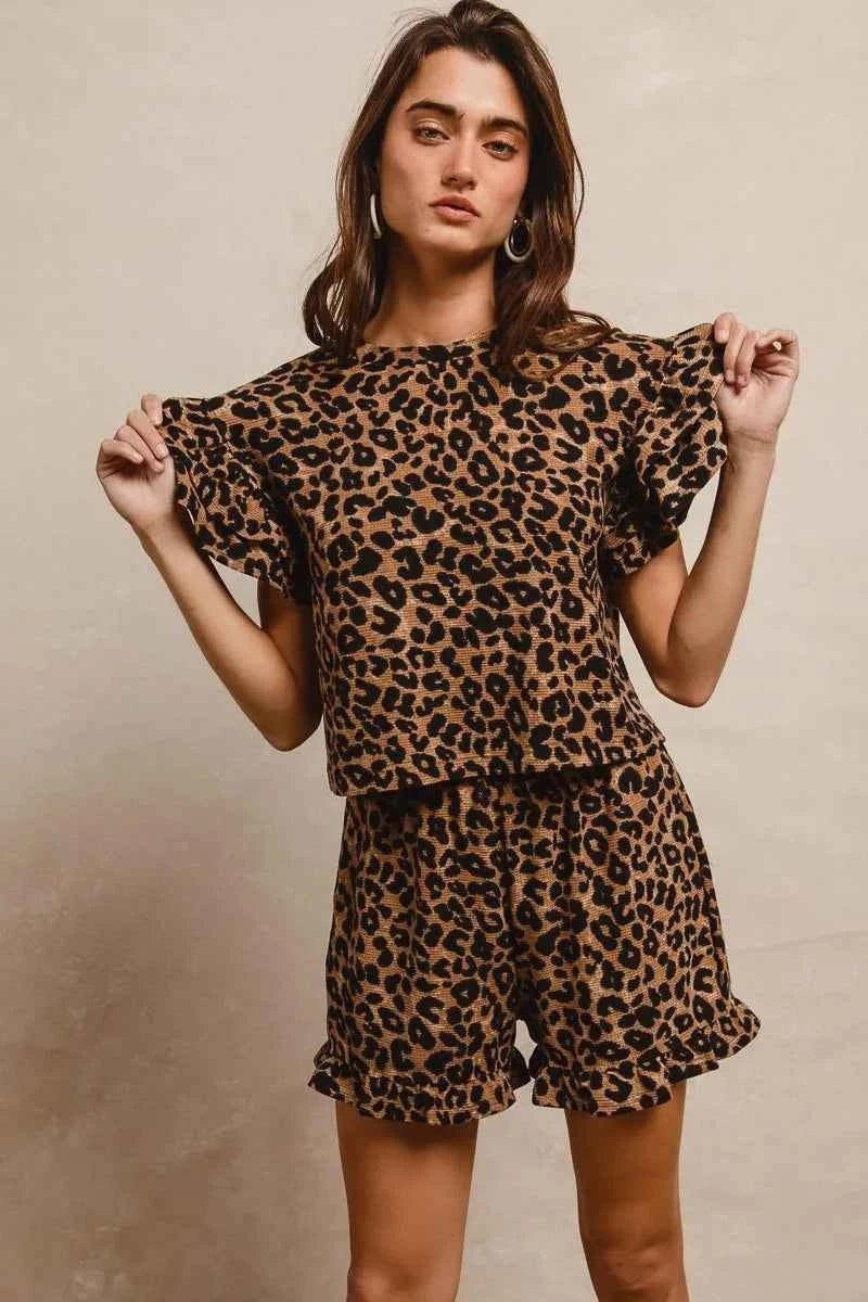 BiBi Leopard Print Waffle Texture Layered Ruffle Sleeve Top and Shorts Set f3ec468f8e2d4003b17c30db8bb3a26c-Max-Origin