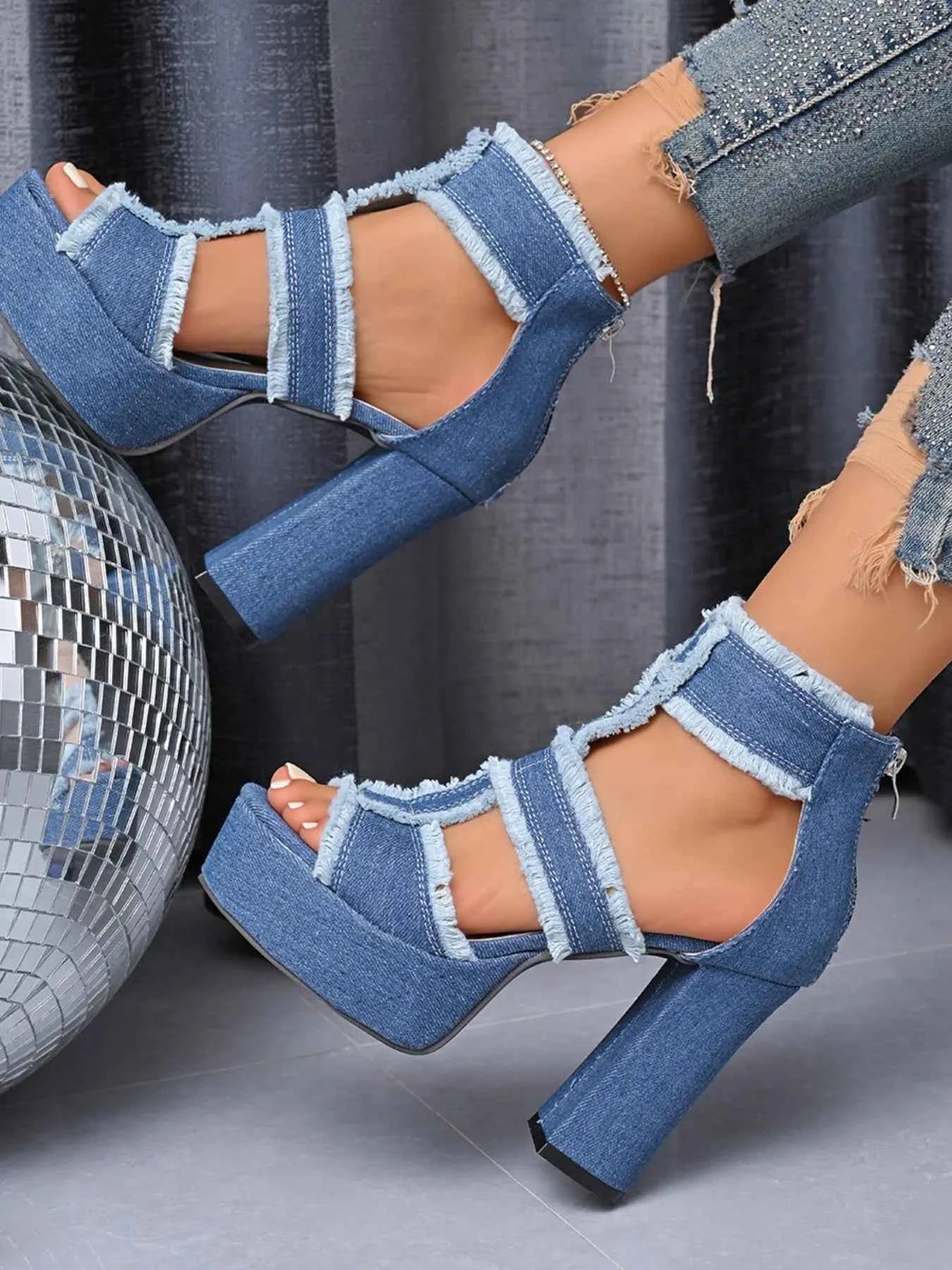 Denim Platform Block Heel Sandals with Frayed Edge Detail f3f3f0e46e2e4271bf0178dbd9fd99f7-Max-Origin