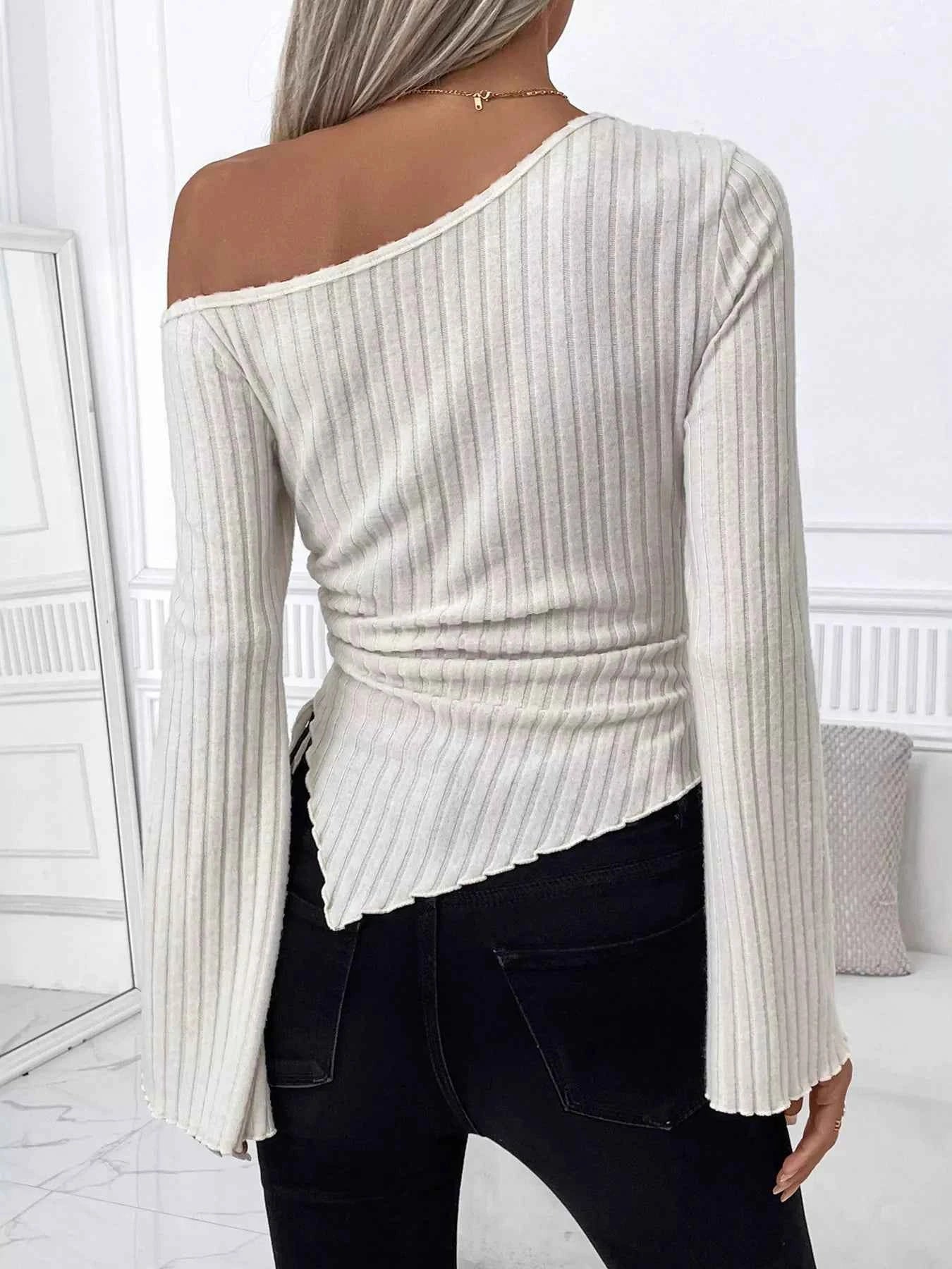 Ribbed One Shoulder Asymmetrical Hem T-Shirt f3f4f6495edd445c8bc80bd93f7dfb1b-Max-Origin