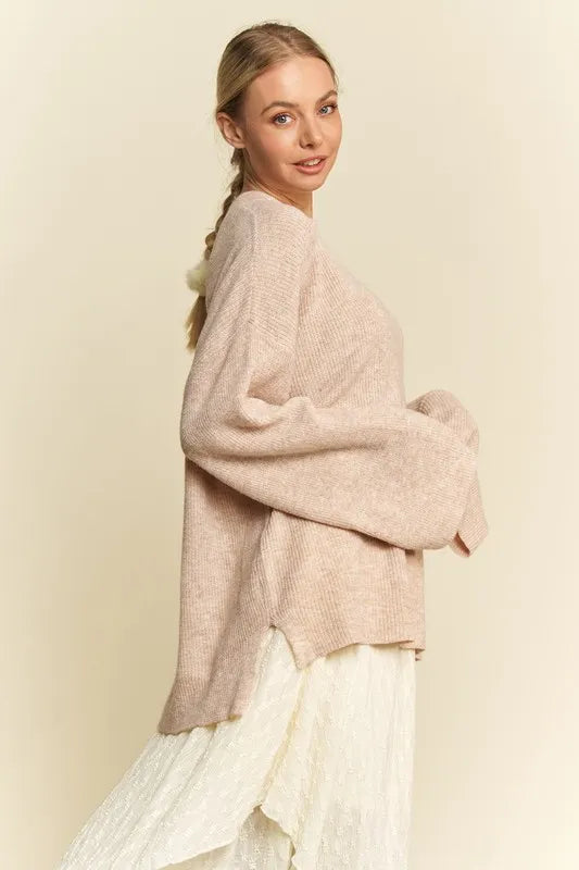 Davi & Dani High-Low Round Neck Drop Shoulder Sweater f3f64532-85e6-4070-890f-3fcd6bc55aec-Max