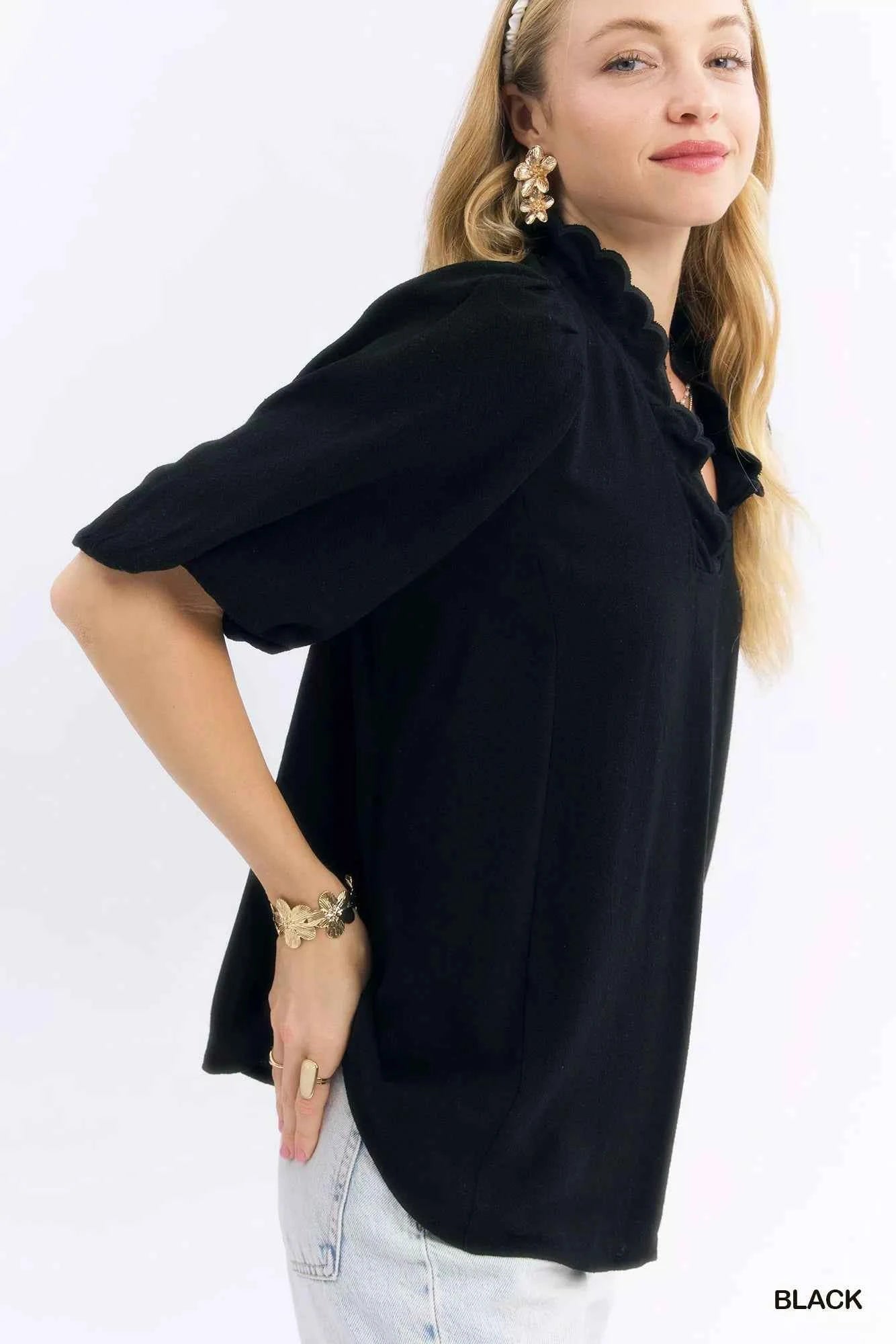 Umgee Linen Scallop Trim V-Neck Blouse f3f9778a-10a3-4a2b-9fd6-5e202dd46b41-Max-Origin