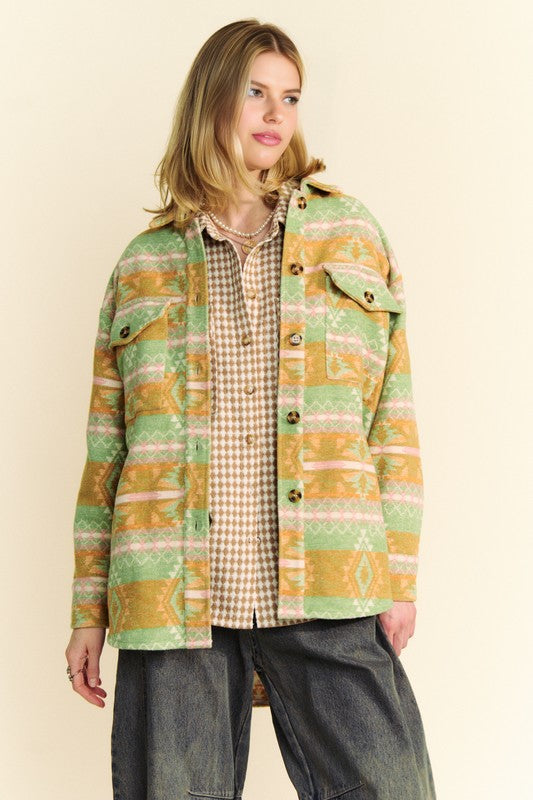 Davi & Dani High-Low Geometric Long Sleeve Shacket with Pockets