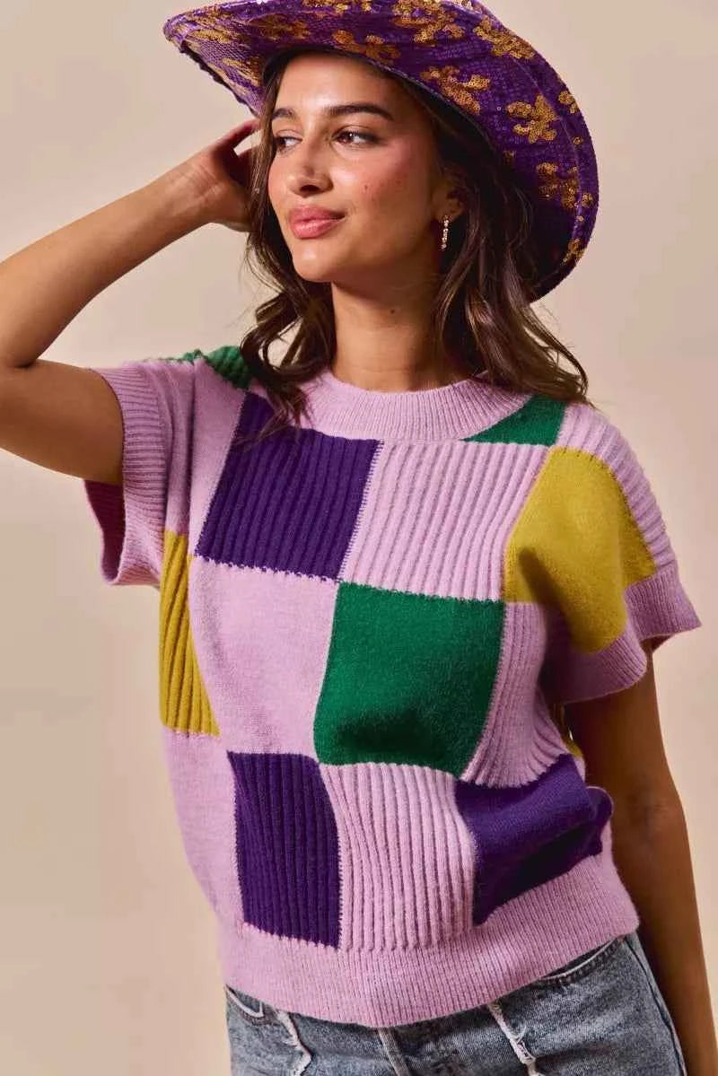 SO ME Mardi Gras Check Plaid Casual Sweater Top f406d22cb5d54dbba16d843d4a2f8596-Max-Origin