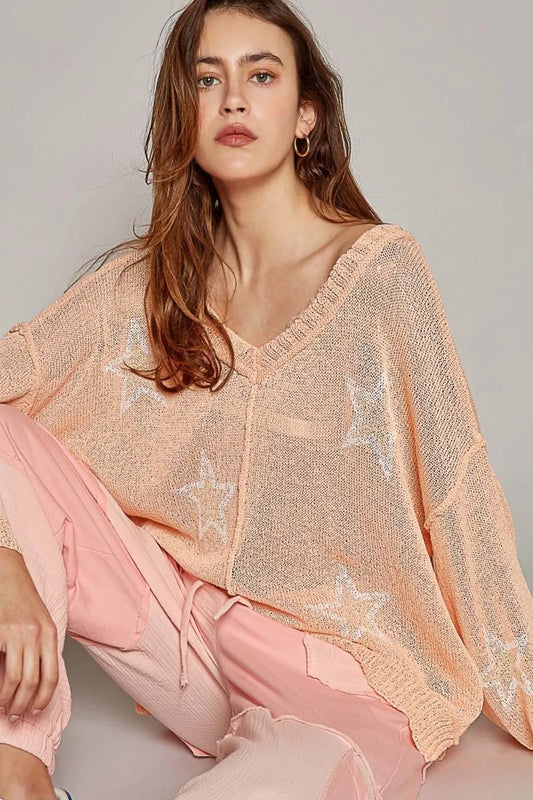 POL V-Neck Long Sleeve Star Print Knit Top Peach f40de993-5259-440b-925c-e465a48c4c53-Max
