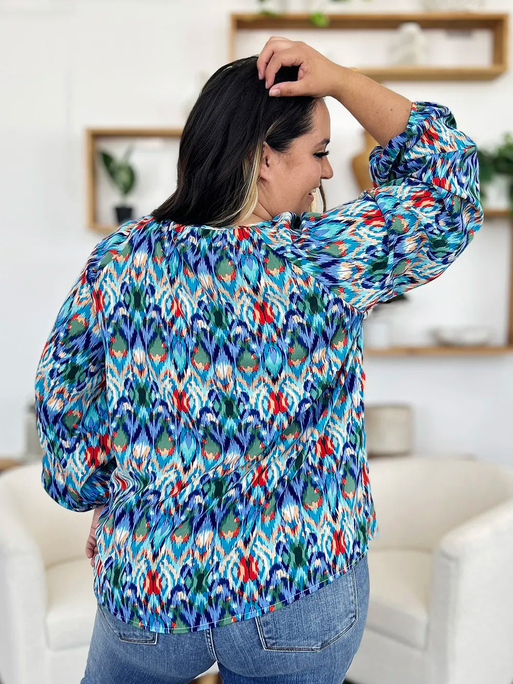 Double Take Full Size Printed Balloon Sleeve Blouse f40dea4c-d3a3-4222-b48c-0c94612b3c3b-Max