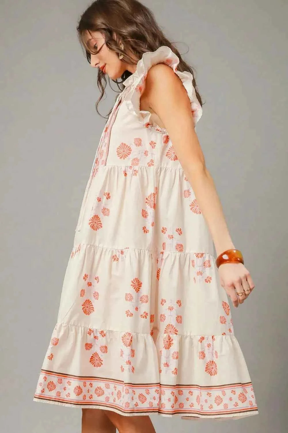 Umgee Printed Tie Neck Ruffle Cap Sleeve Dress f4108ab7-69e7-428a-8fff-62b1d0dd904c-Max-Origin