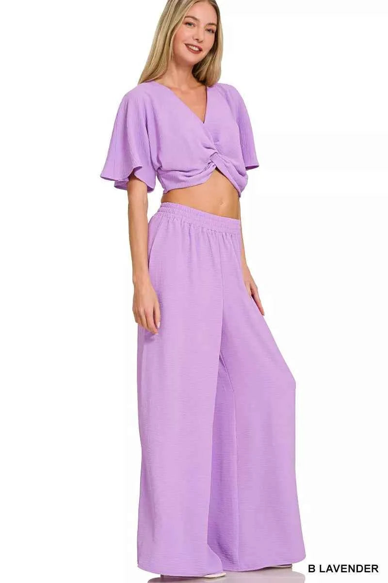 Zenana Woven Airflow Twisted Top & Wide Leg Pants Set B LAVENDER f411193a27774aec904ab575e56df673-Max-Origin