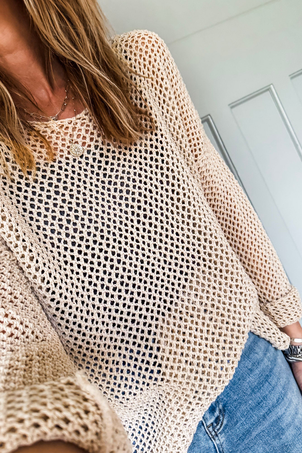 Coral Crochet Hollow-out Knit Sweater f411aab79667dc87