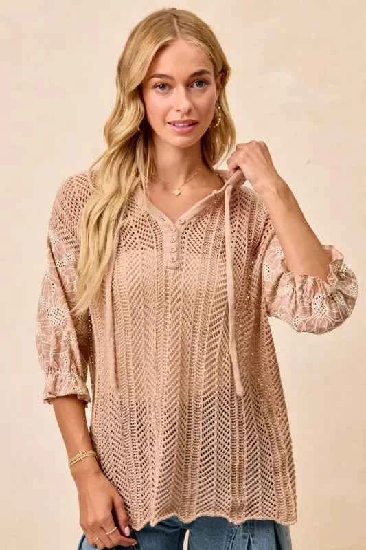 BiBi Jacquard Flower Puff Sleeve Hooded Knit Top f413b287-75fd-4387-9cf7-be6553452f78-Max-Origin