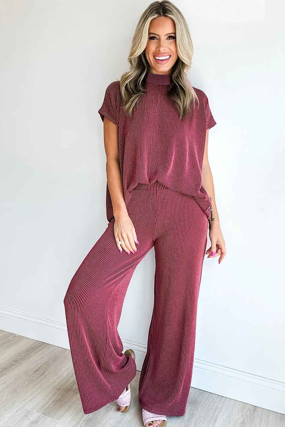 Burgundy Twisted Ribbed High Neck Loose Tee Elastic High Waist Loose Pant Set f4143033367b85a9