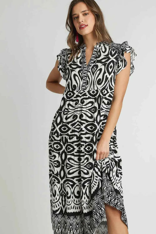 Umgee Full Size Two Tone Border Print Ruffle Cap Sleeve Midi Dress Plus Size Black f414a764-a0d2-40a7-b0eb-5e2be88cb5a9-Max
