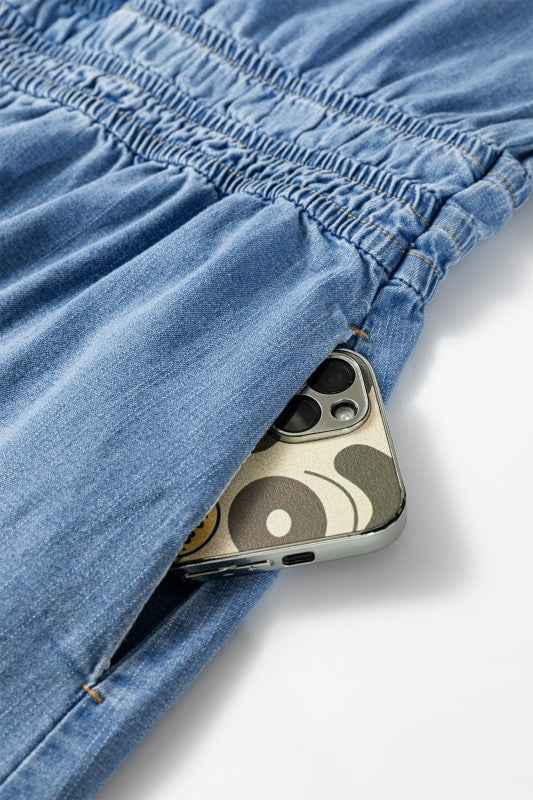 Denim Elastic Waist Short Sleeve Mini Dress f41b3307-670e-4383-aa6f-56259e06d02a